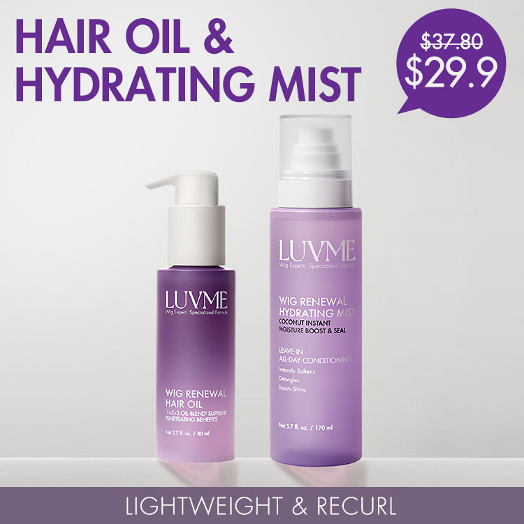Luvme Hair wig renewal hair oil and hydrating mist bottle, close-up of the wig care accessory for styling and hydration.
