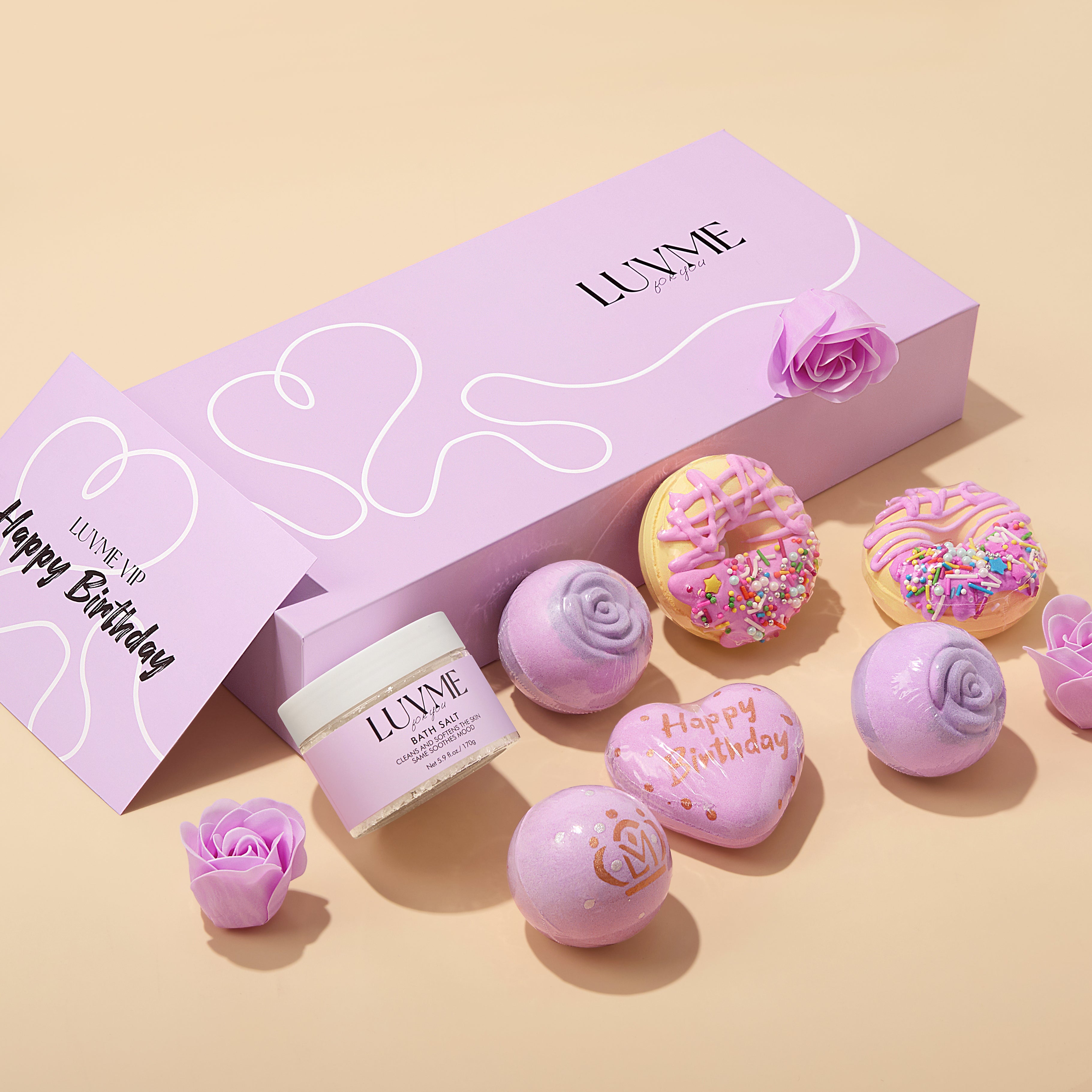 Luvme Hair VIP birthday gift set featuring golden-themed bath balls, perfect for celebrating a special Golden Queen.