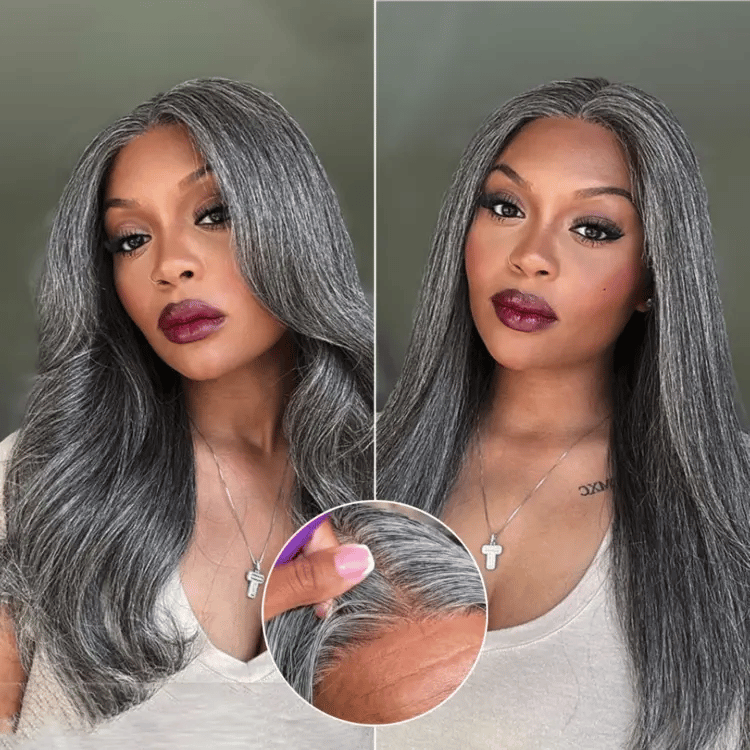Luvme Hair 180% Density Salt and Pepper Straight Glueless Minimalist HD Lace T Part Grey Wig Pre-Cut Lace-39