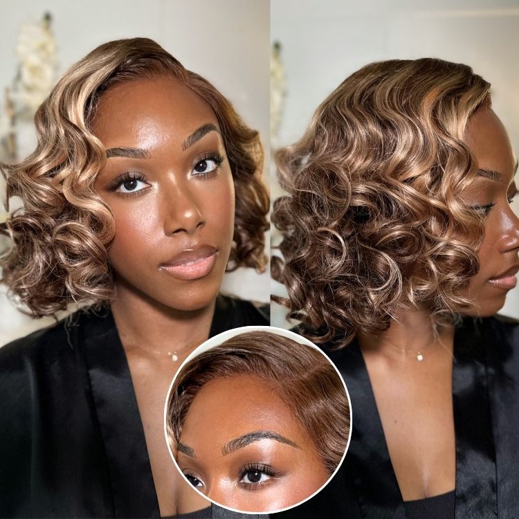 Ash Blonde Highlight Loose Wave Glueless Minimalist HD Lace Short Wavy Wig Pre-Cut Lace-19