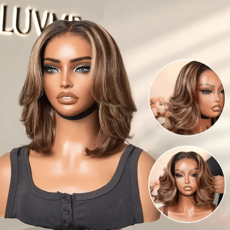 Blonde Highlight / Brown Highlight Short Layered Bob Wig Glueless 5x5 Closure Pre-Cut Lace Wig-26