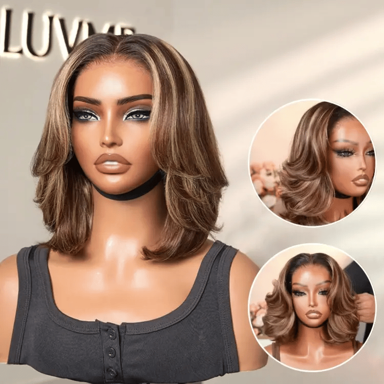 Blonde and brown highlight short layered glueless bob wig with 5x5 lace closure from Luvme Hair, showing the wig on a mannequin head.
