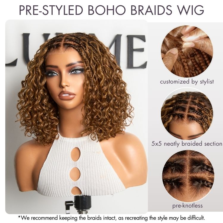 Ombre Brown Highlight Boho Braids Deep Curly Glueless 5x5 Closure Lace with Braided Top Human Hair Wig Pre-Cut Lace-10