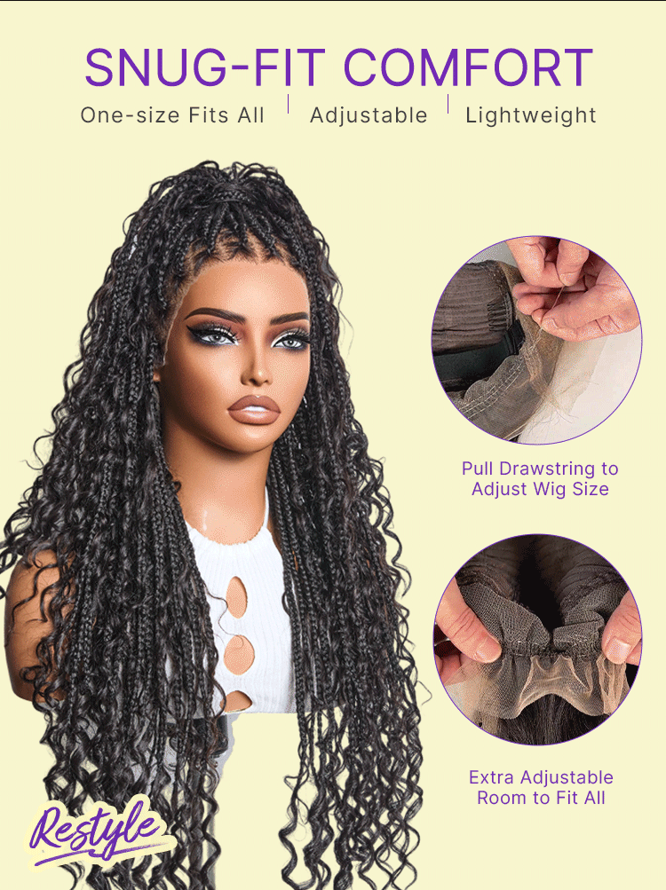 Light Weight Flexi-Fit Invisi Drawstring Cap Full Lace Knotless Boho Curls Braided Long Wig Super Natural Scalp - US Only-36