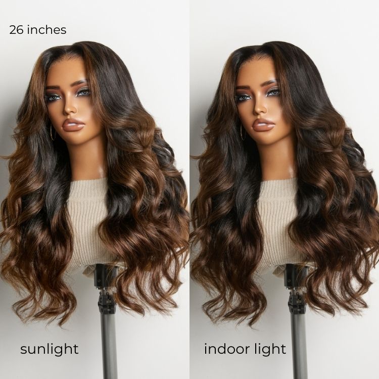 Luvme Hair NatureMAX™ 200% Density Ombre Brown and Natural Black HD Lace Front Wig with loose wave, pre-cut lace, and drawstring cap