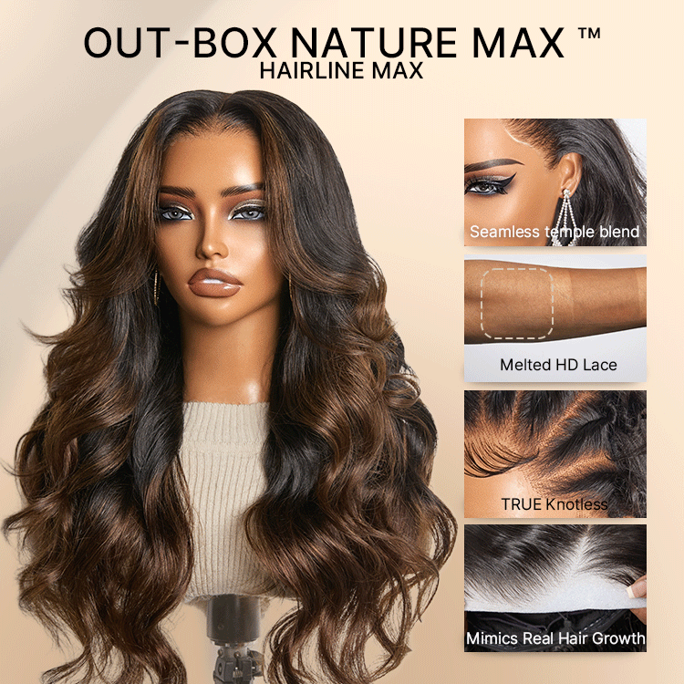 Luvme Hair NatureMAX™ 200% Density ombre brown and natural black human hair lace front wig with loose waves and pre-cut lace