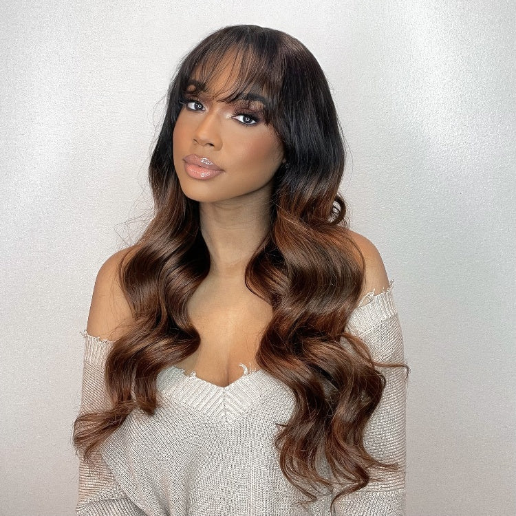 Letitia Chestnut Brown Ombre Loose Body Wave With Blunt Bangs 5x5 Closure Lace Glueless Wig | Large & Small Cap Size-01