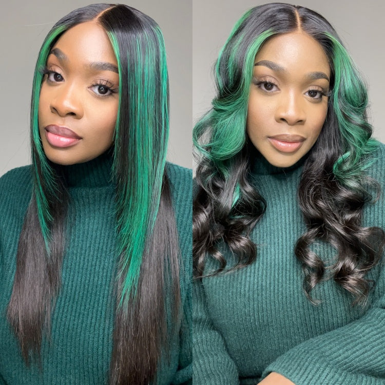 Green Highlight Silky Straight Glueless 5x5 Closure Lace Wig | Large & Small Cap Size-01