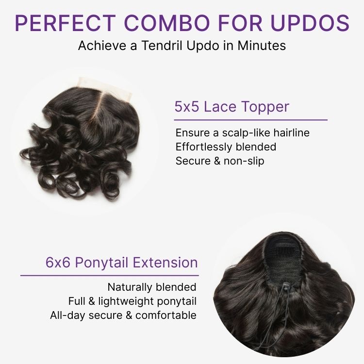 Body Wave Updo Hairpiece with Clip-In 5x5 Lace Closure Bangs and Drawstring Ponytail Quick & Easy-03