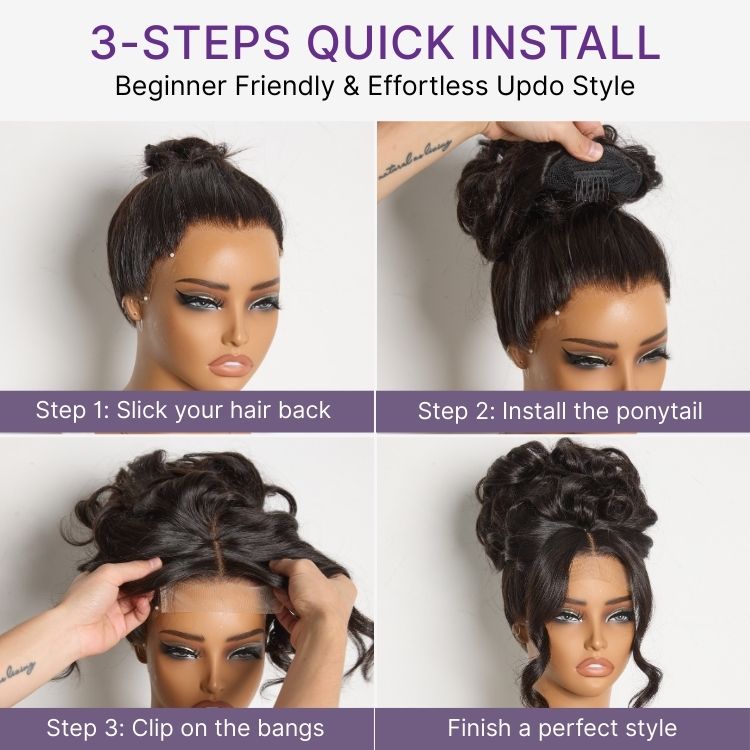 Closure Updo Body Wave Updo Hairpiece with Clip-In 5x5 Lace Closure Bangs and Draws