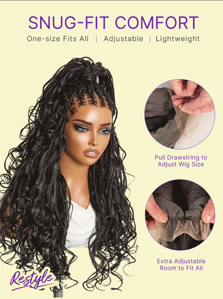 48H Delivery | Readitress™ French Curl Knotless Boho Braids HD Full Lace Long Wig Flexi Fit Invisi Drawstring Cap - US Only-16
