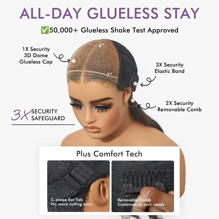 Luvme All-Day Comfort Wig with 4C kinky straight edges, 7x6 HD lace closure, glueless human hair wig in natural black color.