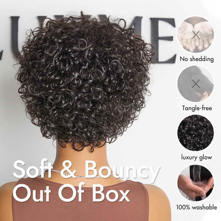 Luvme Hair throw-on short wig with natural black bouncy curls, bangs, glueless design, 100% human hair for easy wear.