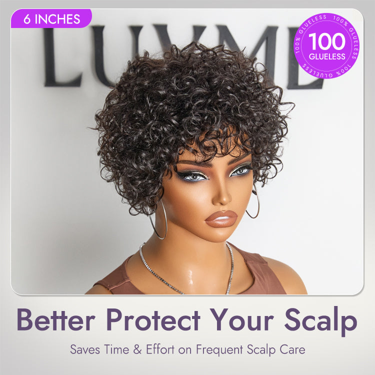 Luvme Hair glueless wig with natural black short bouncy curls, brown highlights, bangs, made from 100% human hair, ready to wear