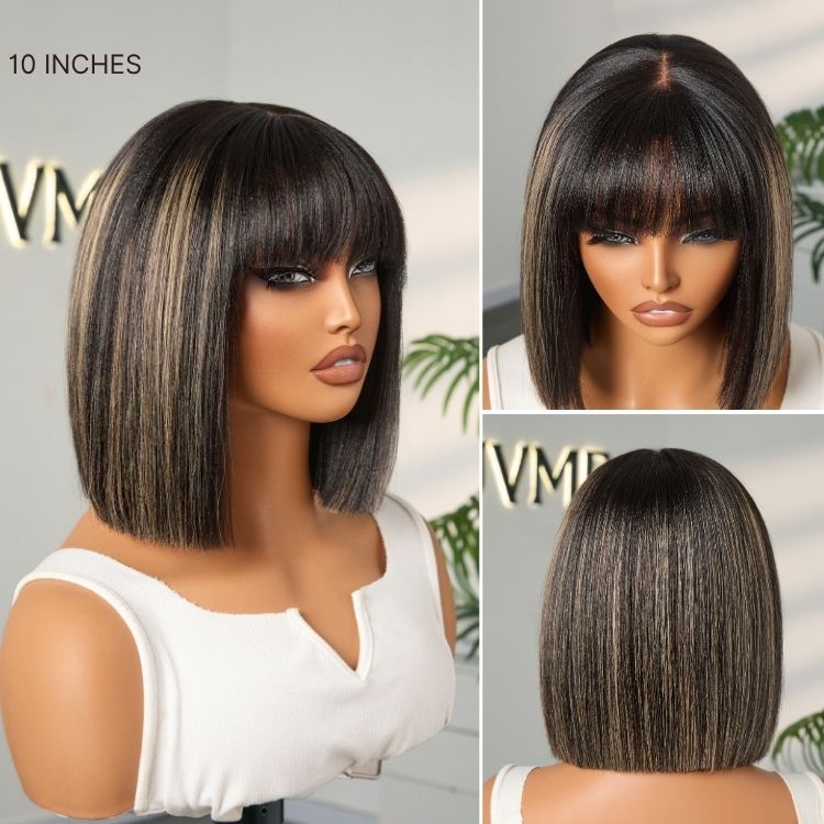 Put On and Go Blonde Highlight Yaki Straight Blunt Cut Bob Glueless Minimalist Lace Short Wig with Bangs-04