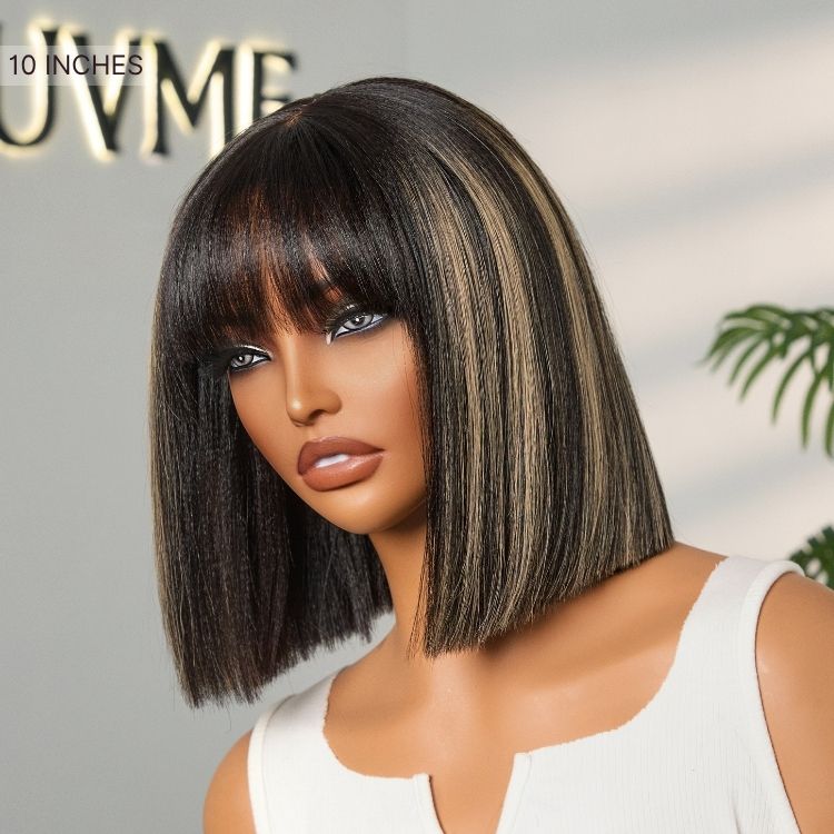 Put On and Go Blonde Highlight Yaki Straight Blunt Cut Bob Glueless Minimalist Lace Short Wig with Bangs-07