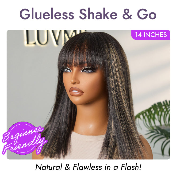 Luvme Put On and Go Realistic Glueless Yaki Straight Bob lace wig with bangs, 100% human hair, minimalist design, natural look