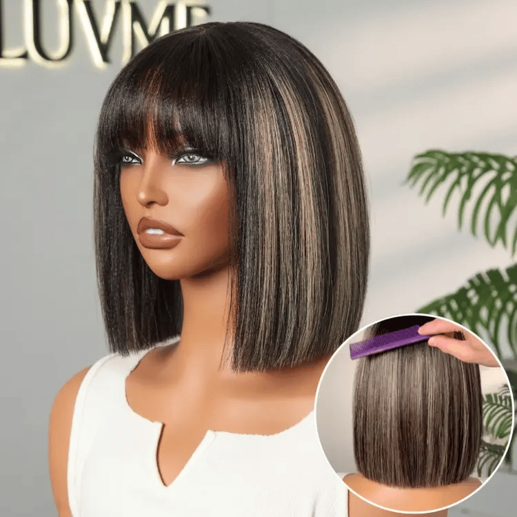 Luvme Put On and Go Yaki Straight Bob lace wig with bangs, realistic 100% human hair, minimalist design, glueless wear