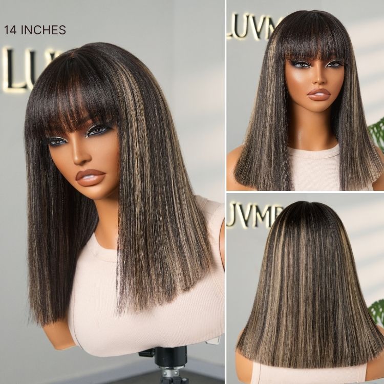 Luvme Put On and Go Realistic Yaki Straight Bob lace wig with bangs, 100% human hair, minimal lace for easy wear.
