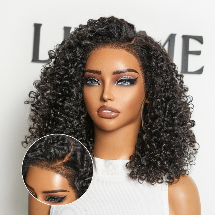 180% Density 4C Kinky Edges Jet Black Burmese Curly Glueless Ear-to-ear Wide T Pre-Cut Lace Front Wig Flexi-Fit Drawstring Cap-01