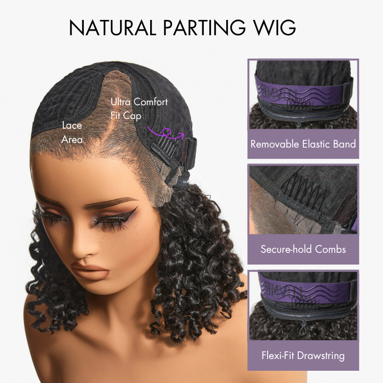 180% Density 4C Kinky Edges Jet Black Burmese Curly Glueless Ear-to-ear Wide T Pre-Cut Lace Front Wig Flexi-Fit Drawstring Cap-05