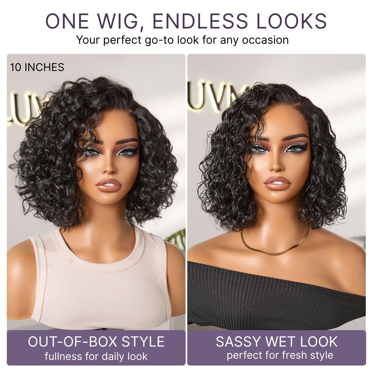 Luvme Hair water wave short curly bob wig with HD lace, glueless, pre-cut lace, showcasing realistic texture and minimalist style.