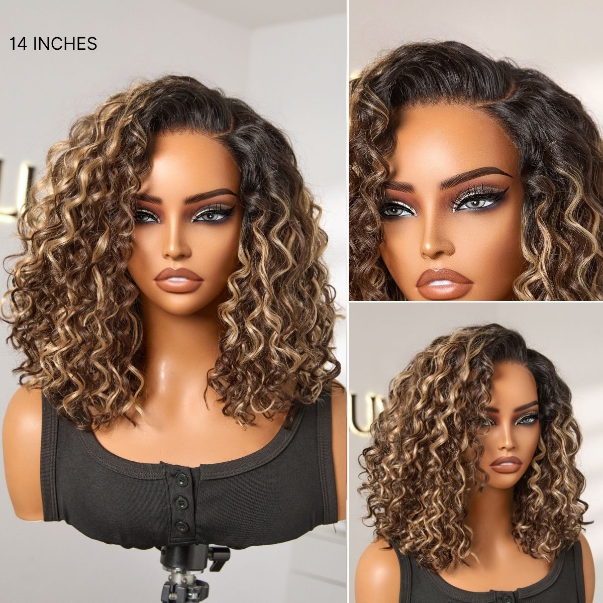 Luvme Hair blonde and black ombre water wave short curly bob wig with HD lace, glueless, pre-cut, natural black to blonde transition