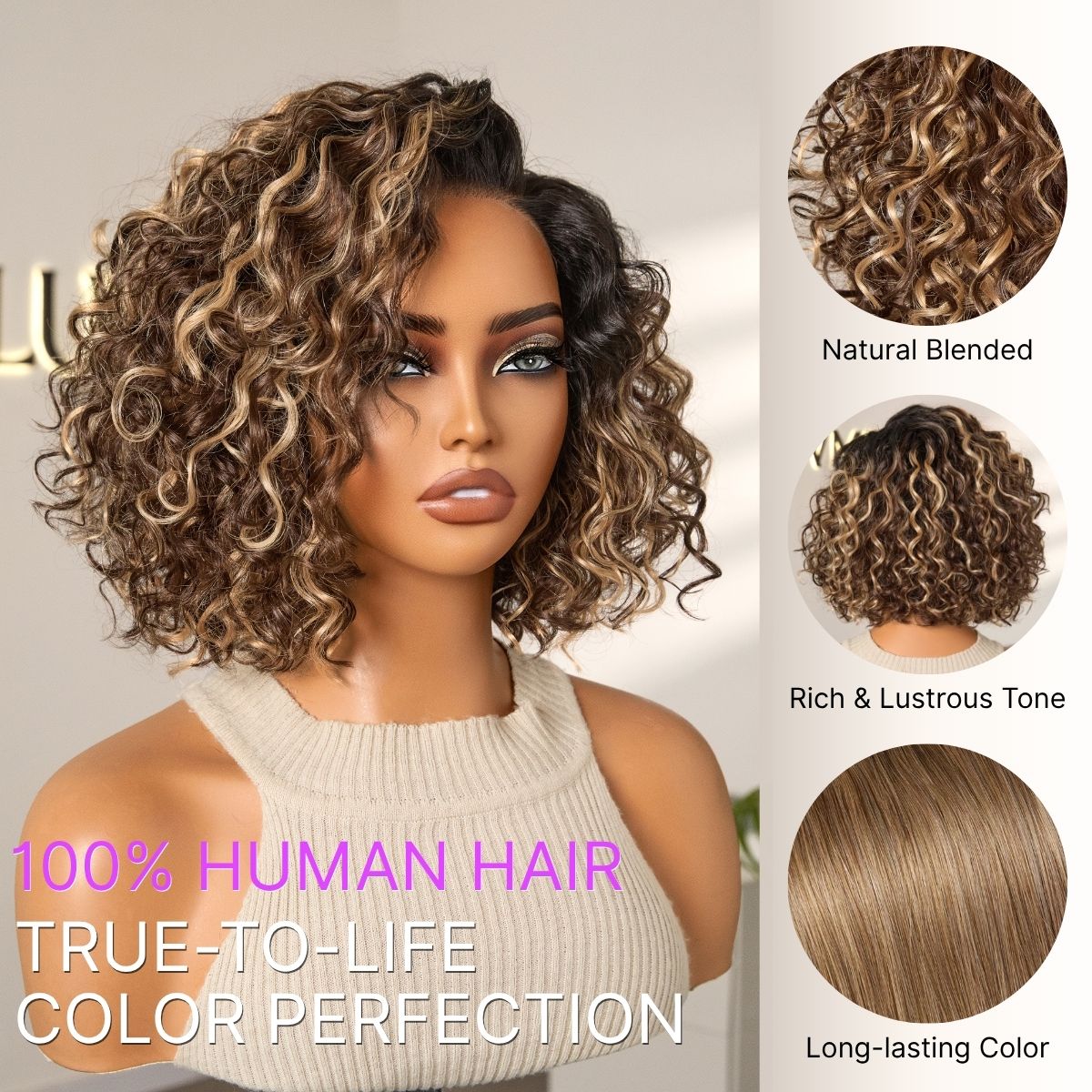 New Customers Only | Ready to Go Blonde Highlight / Natural Black Water Wave Short Curly Bob Wig Glueless Minimalist HD Lace Wig Pre-Cut Lace-02