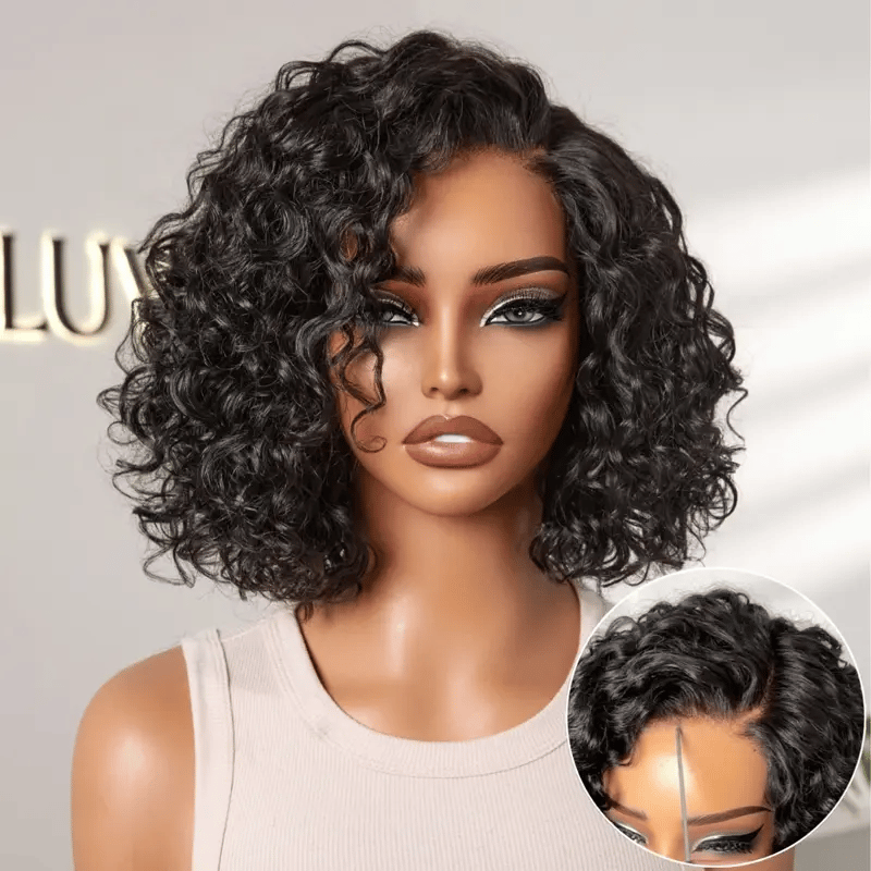 Luvme Hair blonde to black ombre water wave short curly bob wig with pre-cut HD lace and minimalist design, glueless fit.