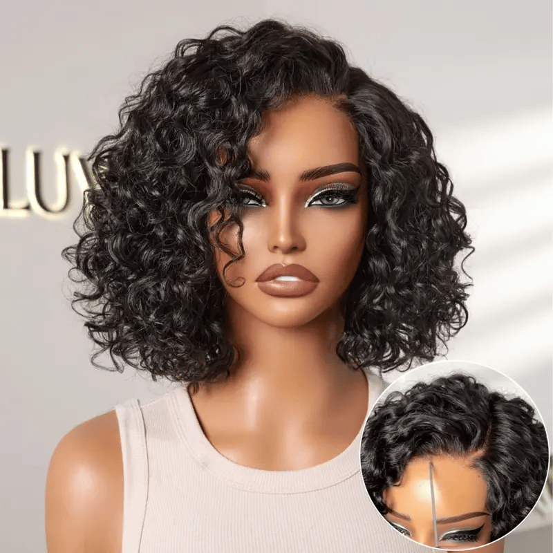Ready to Go Blonde Highlight / Natural Black Water Wave Short Curly Bob Wig Glueless Minimalist HD Lace Wig Pre-Cut Lace-12