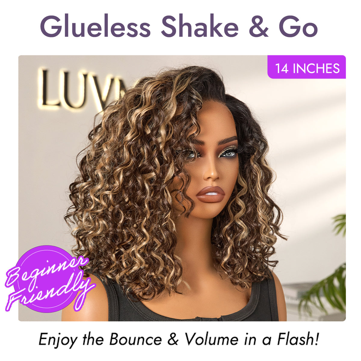 Luvme Hair water wave short curly bob wig with glueless HD lace, pre-cut lace, ready-to-wear, minimalist design.