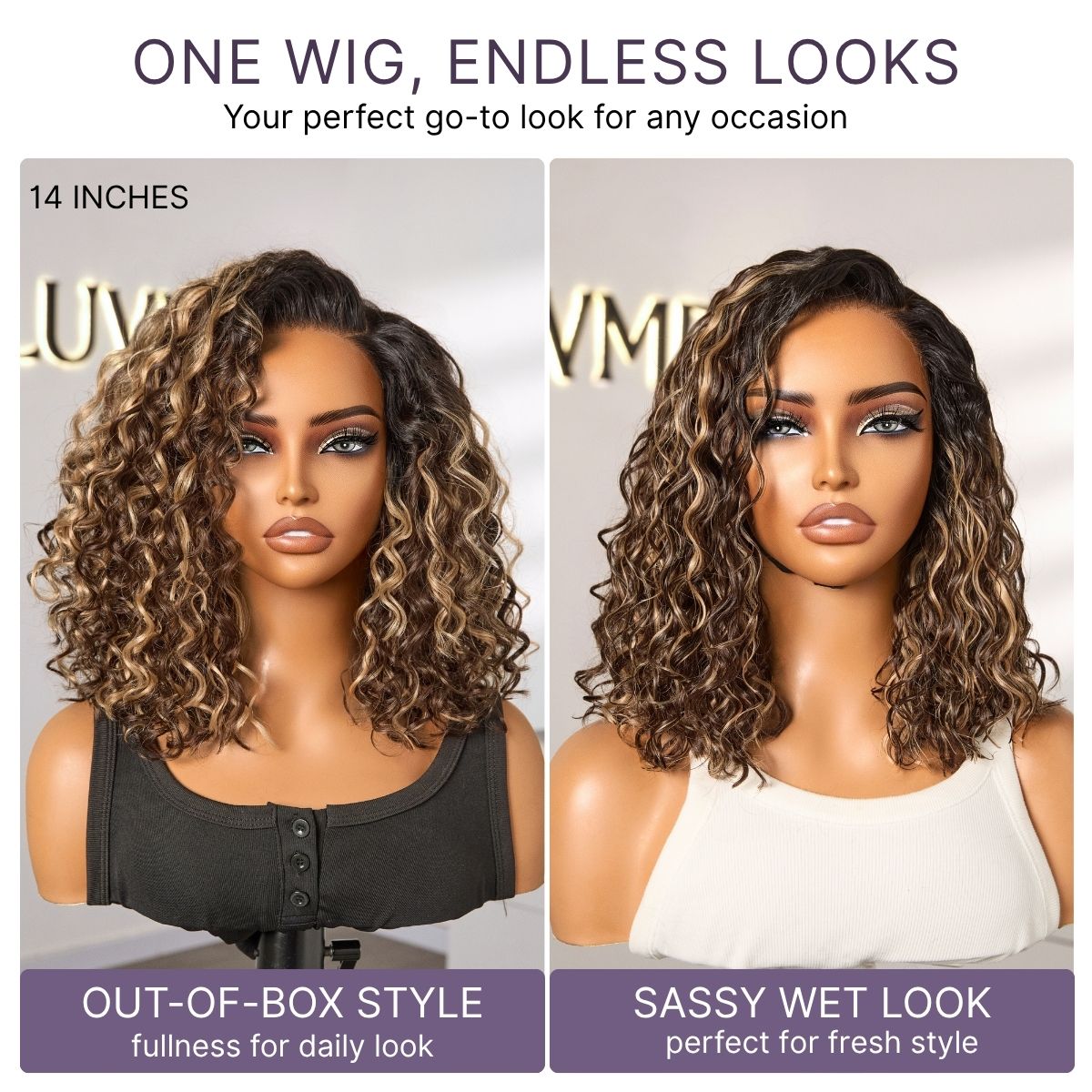 Luvme Hair water wave short curly bob wig with pre-cut lace, glueless design, HD lace, and minimalist style.