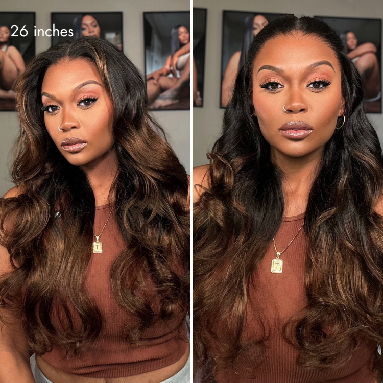 Luvme Hair NatureMAX™ 200% Density Ombre Brown/Natural Black HD Lace Front Wig with loose waves and adjustable drawstring cap