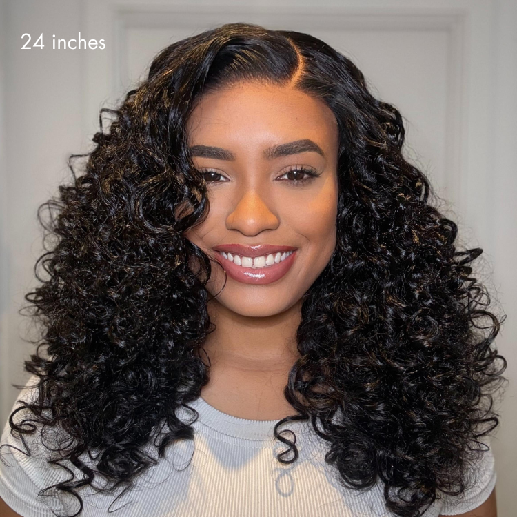 Luvme Hair 180% density bouncy curly lace closure wig with pre-cut 5x5 glueless layered cap and breathable cap construction.