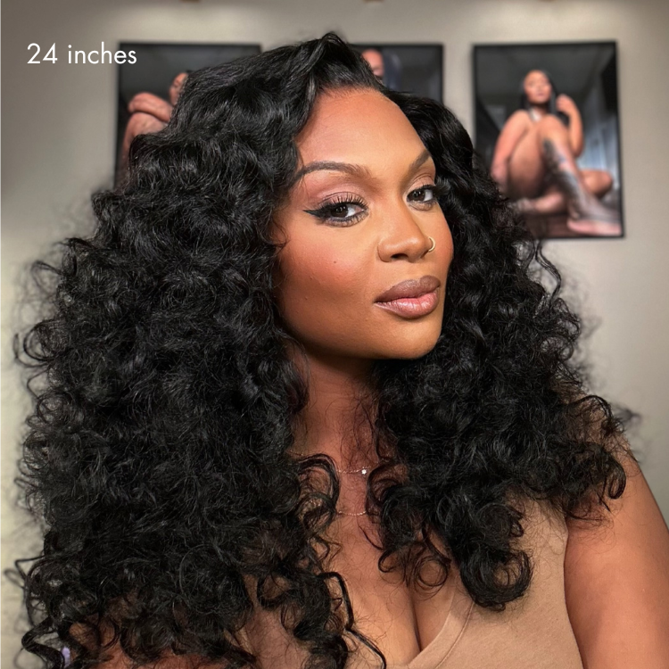 Luvme Hair 180% density bouncy curly 5x5 lace closure wig with layered curls on breathable cap.