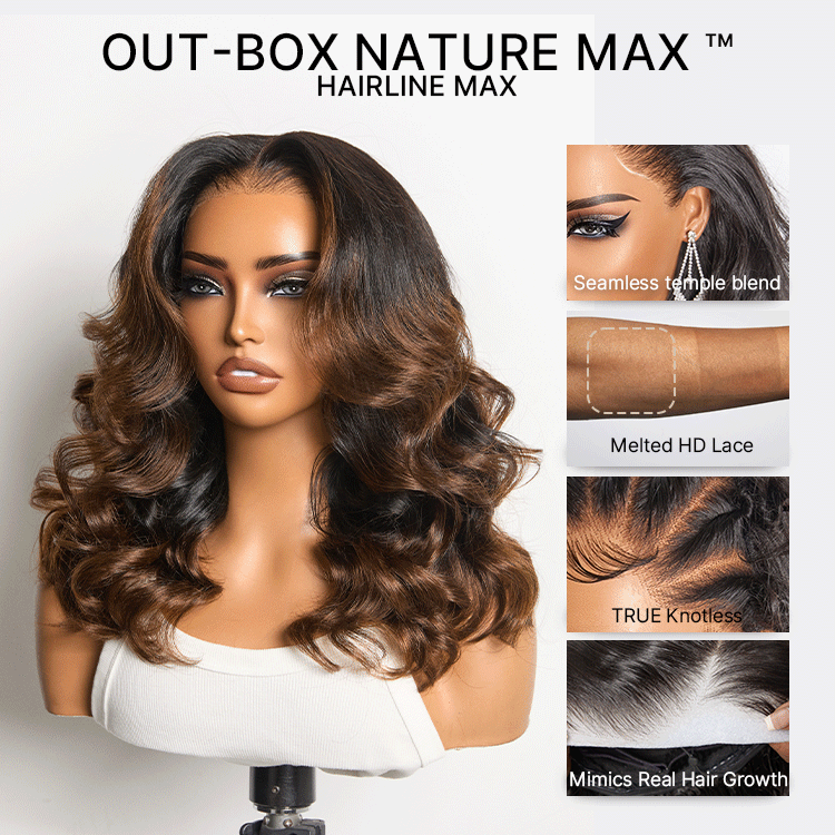 NatureMAX™ 200% Density Ombre Brown / Natural Loose Wave Glueless 13x6 HD Lace Front Shoulder Length Wig Pre-Cut Lace Flexi-Fit Drawstring Cap-28