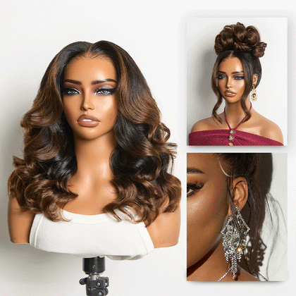 NatureMAX™ 200% Density Ombre Brown / Natural Loose Wave Glueless 13x6 HD Lace Front Shoulder Length Wig Pre-Cut Lace Flexi-Fit Drawstring Cap-29