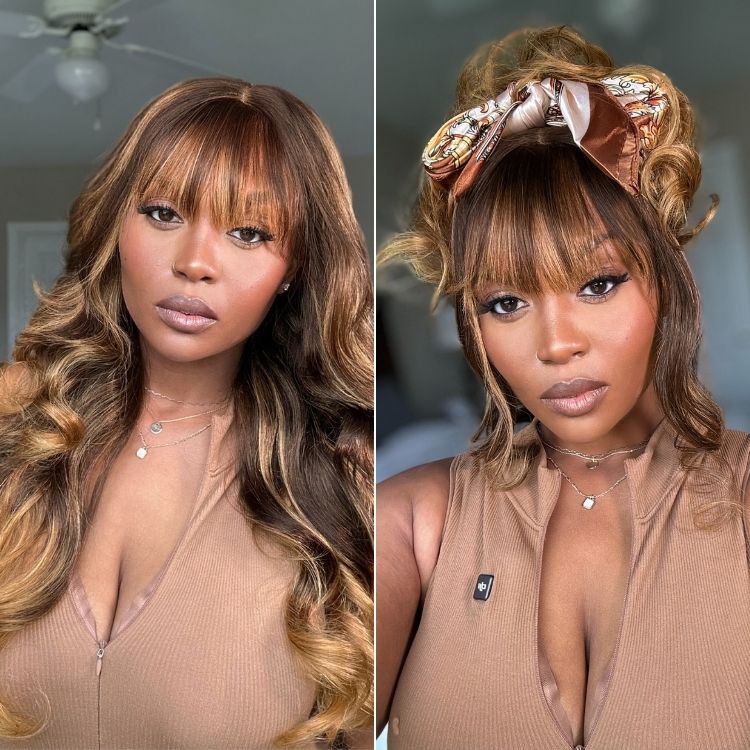 Luvme All-Day Comfort™ Wig 180% Density Ombre Blonde Highlight Loose Body Wave Glueless 7x6 Closure HD Lace Human Hair Wig with Bangs Pre-Cut Lace-22