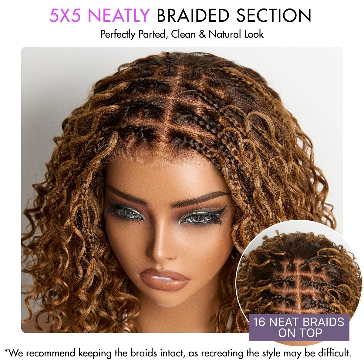 Readitress™ Ombre Brown Highlight Boho Braids Deep Curly Glueless 5x5 Closure Lace with Braided Top Human Hair Wig Pre-Cut Lace-21