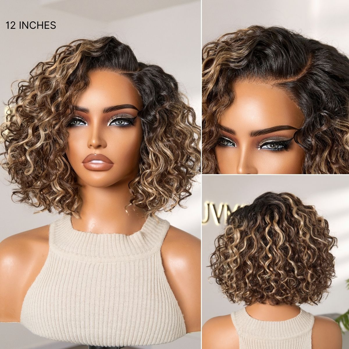 Luvme Hair blonde ombre water wave short curly bob wig with HD lace, pre-cut lace, glueless design, natural black and brown shades.