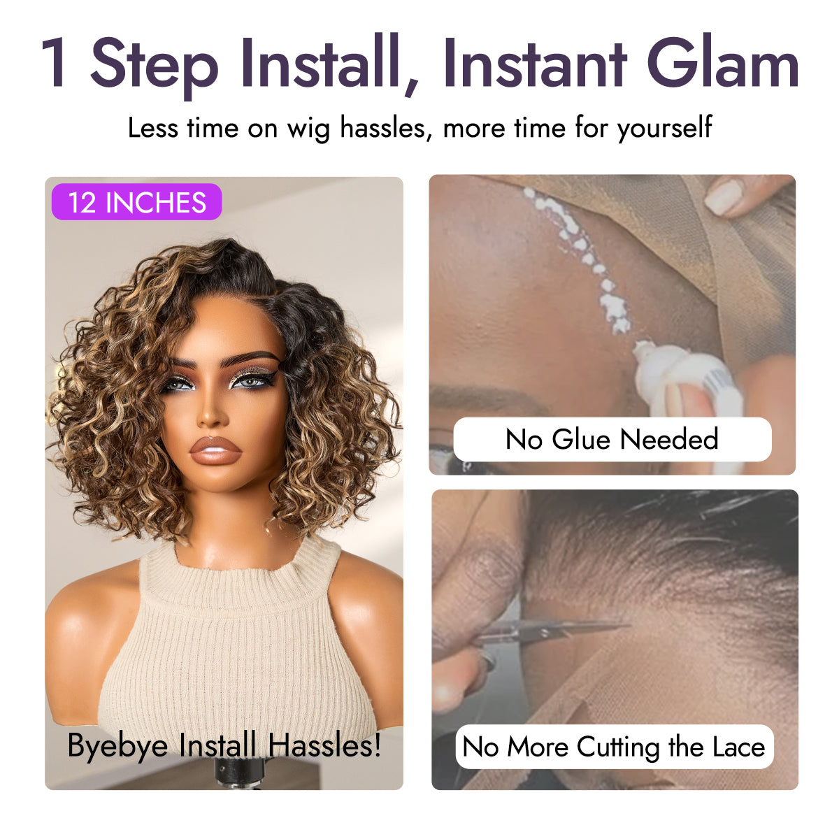 Luvme Hair short curly bob wig with blonde highlights, natural black ombre, water wave style, HD lace, pre-cut, glueless design.