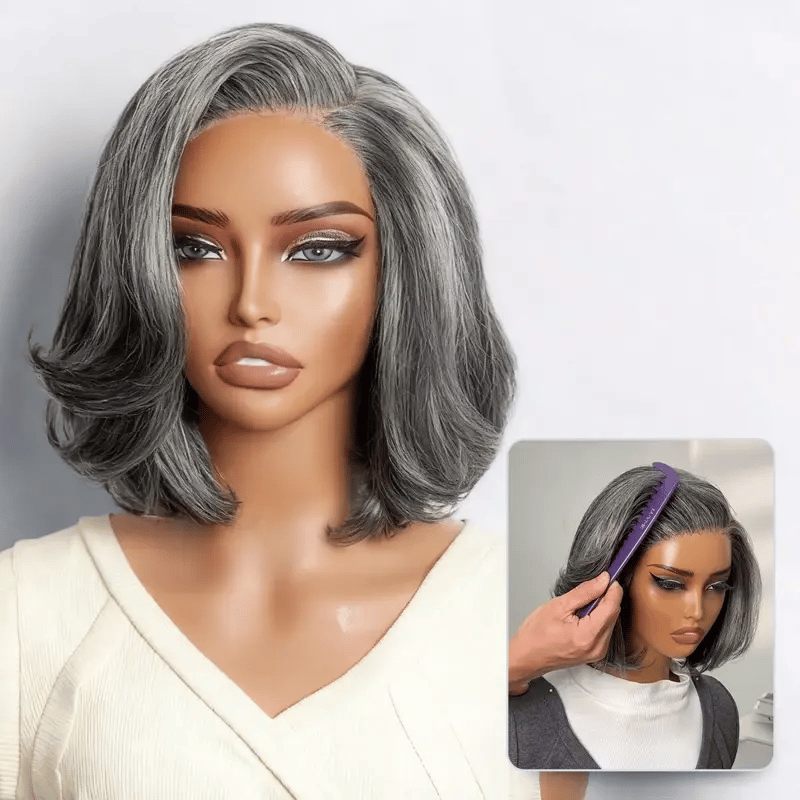 New Customers Only | Salt & Pepper 100% Human Hair Layered Bob Wig Glueless Minimalist Lace Grey Wig Pre-Cut Lace-01