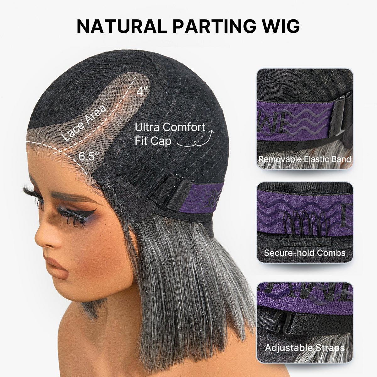 New Customers Only | Salt & Pepper 100% Human Hair Layered Bob Wig Glueless Minimalist Lace Grey Wig Pre-Cut Lace-08