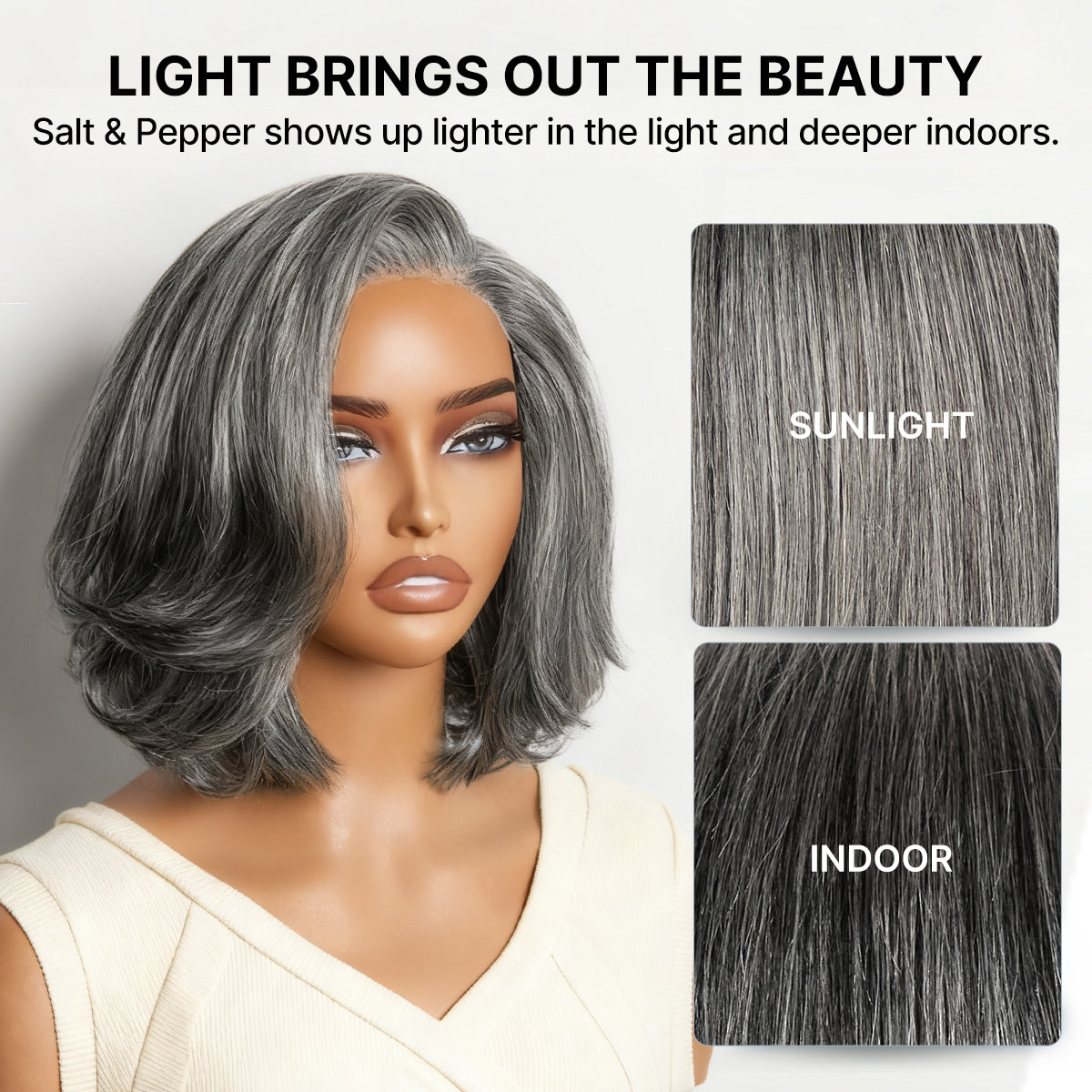 Salt & Pepper 100% Human Hair Layered Bob Wig Glueless Minimalist Lace Grey Wig Pre-Cut Lace-23