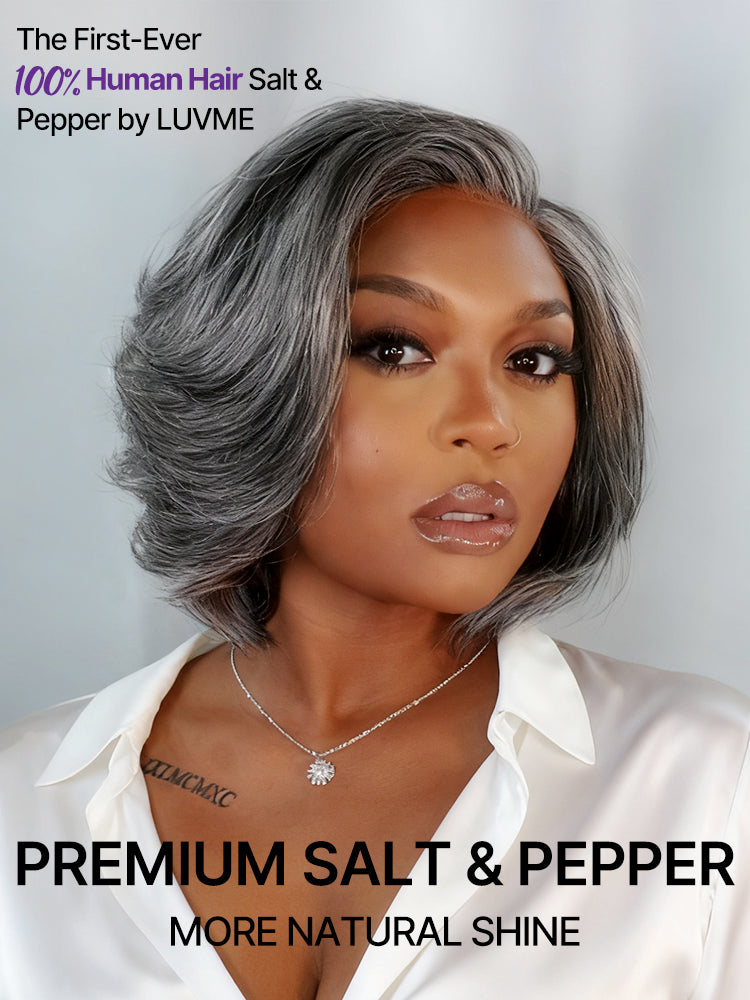 Salt & Pepper 100% Human Hair Layered Bob Wig Glueless Minimalist Lace Grey Wig Pre-Cut Lace-24