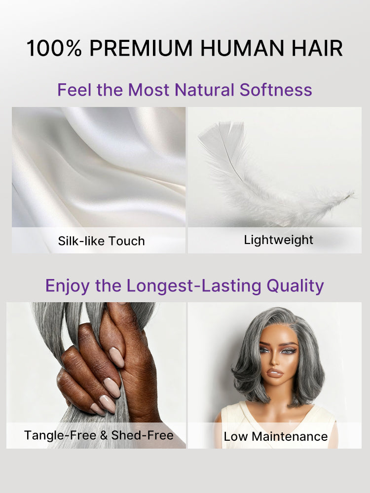 The Home CEO | Salt & Pepper 100% Human Hair Layered Bob Wig Glueless Minimalist Lace Grey Wig Pre-Cut Lace-11