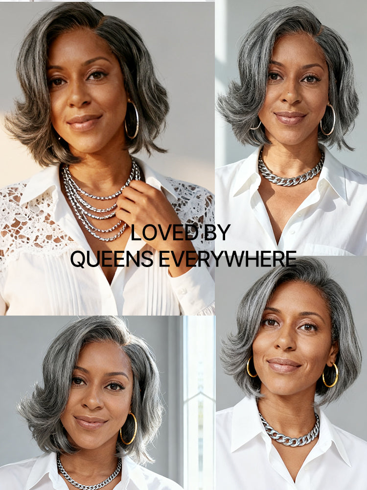 The Home CEO | Salt & Pepper 100% Human Hair Layered Bob Wig Glueless Minimalist Lace Grey Wig Pre-Cut Lace-13