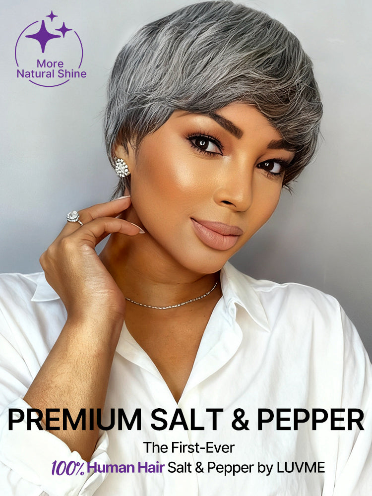 Salt & Pepper 100% Human Hair Short Pixie Cut Glueless Wig with Bangs Ultra Comfort Cotton Cap Hair Loss Friendly-16
