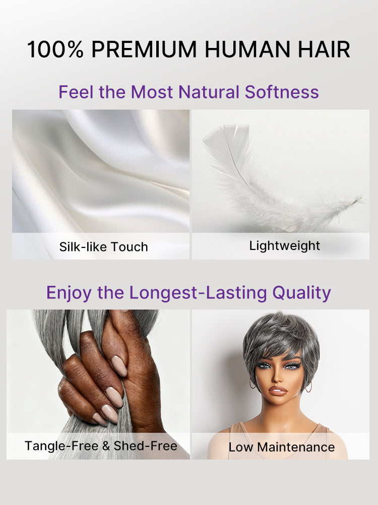 Salt & Pepper 100% Human Hair Short Pixie Cut Glueless Wig with Bangs Ultra Comfort Cotton Cap Hair Loss Friendly-17