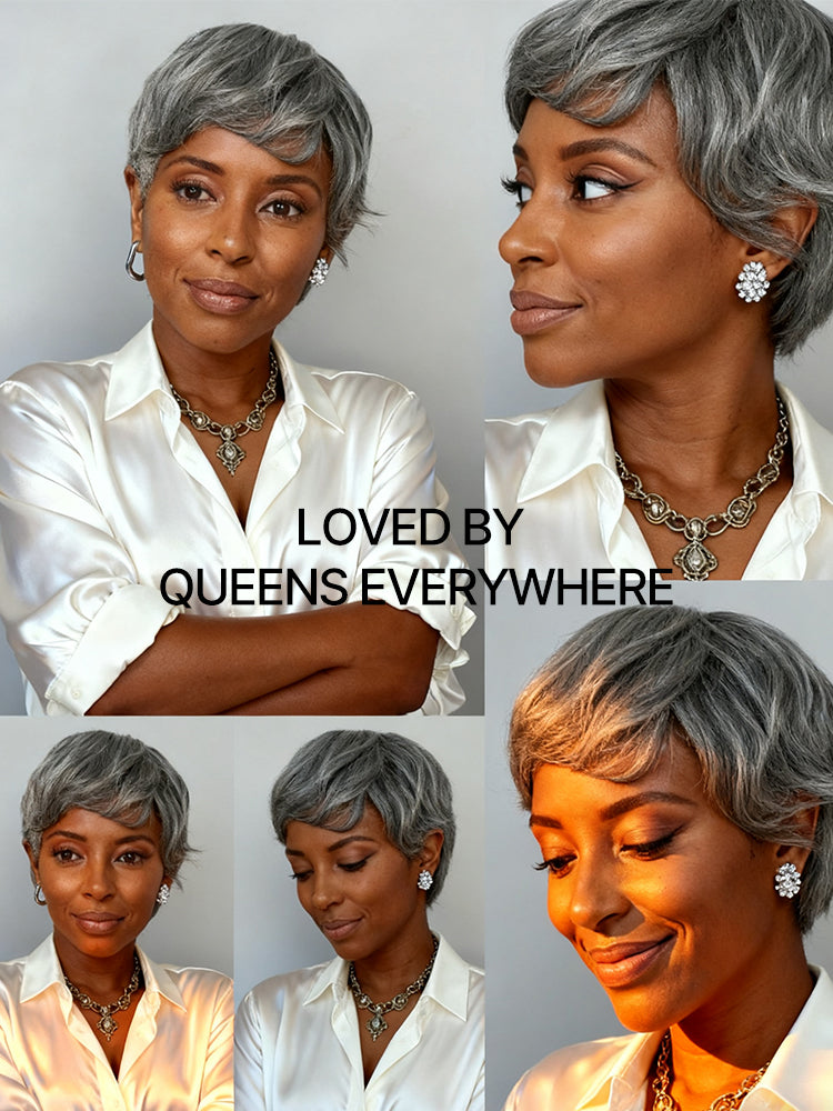New Customers Only | Throw On & Go Salt & Pepper Short Pixie Cut Glueless Wig with Bangs 100% Human Hair Ultra Comfort Cotton Cap Hair Loss Friendly-12